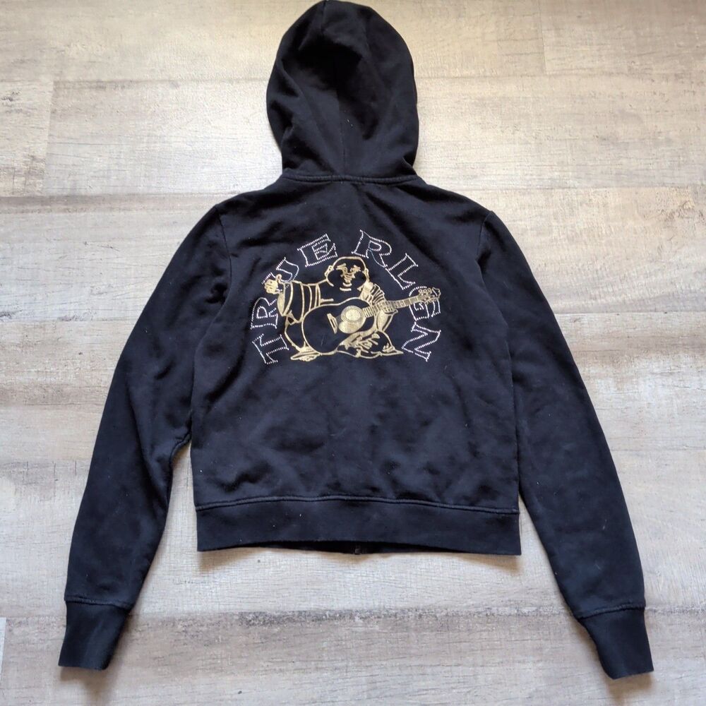 True Religion Black Gold Buddha Zip Hoodie Womens Small S Full Zip Y2K Sequin